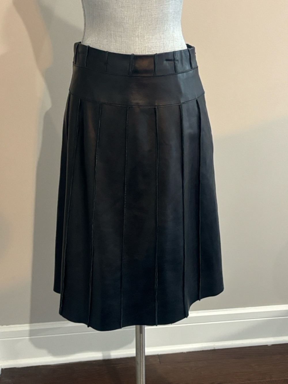 Black Leather Pleated A-Line Skirt size 4